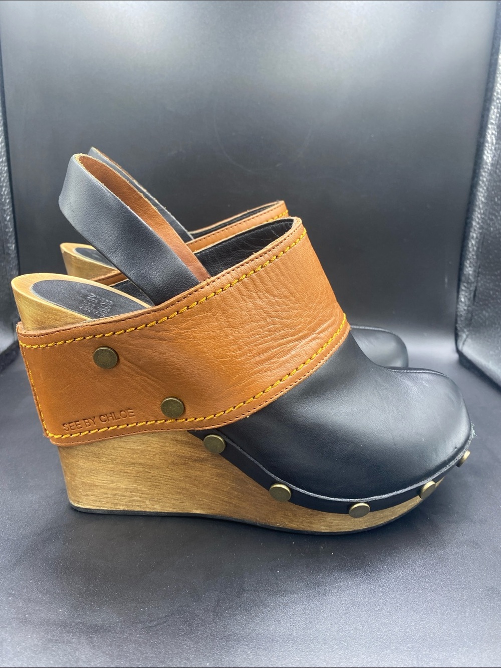 See By Chloe Black and Tan Leather Wedge Clogs with Wood-Look Heel